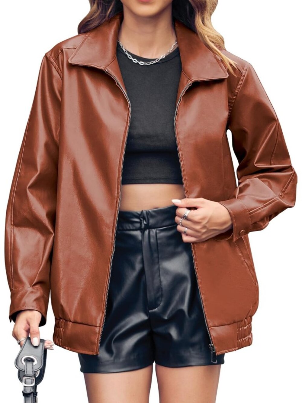 Women's Brown Faux Leather Oversized Bomber Jacket ZIP Up Casual Warm Coat